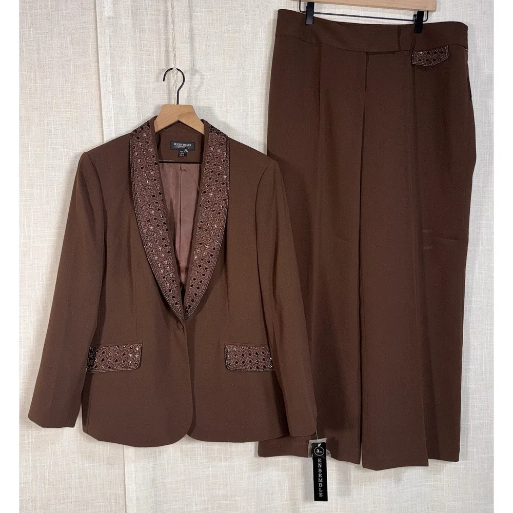 NEW JOHN MEYER Collection Women's‎ Suit Sz 18 Blazer Pants Brown Trousers Beaded